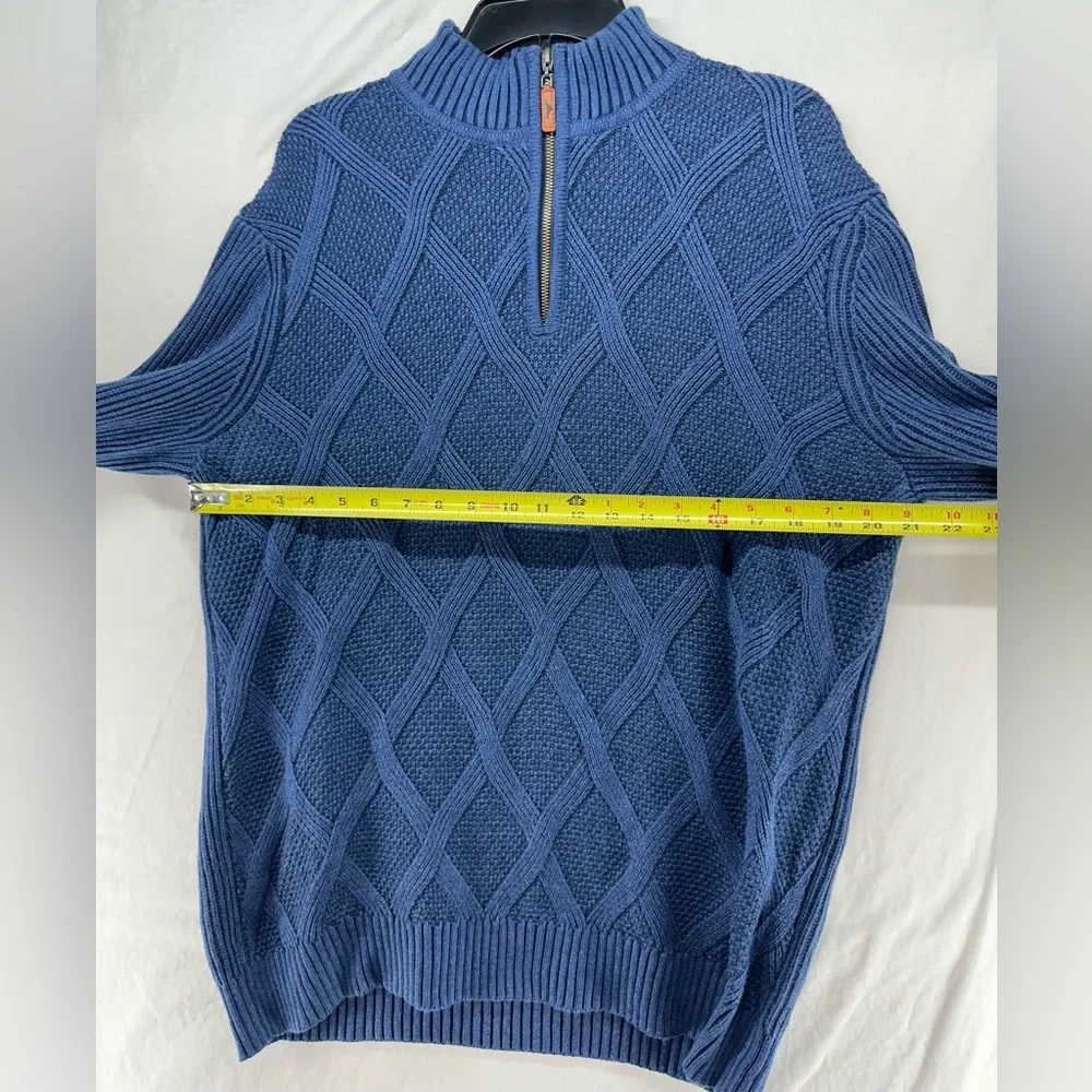 Tommy Bahama Men's Large Blue Cotton Quarter Zip Sweater Diamond Cable‎ Knit